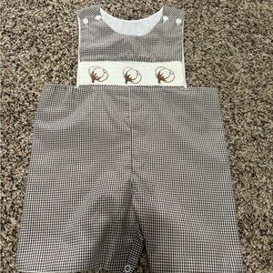 Brown and White Checkered Overalls with cotton smocked details